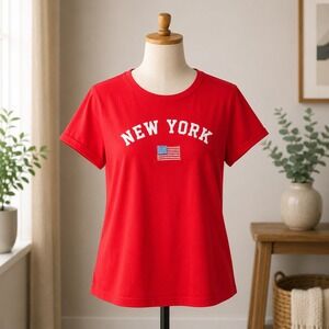 Forever 21 Graphic Tee Women Large Red New York American Flag Short Sleeve Shirt